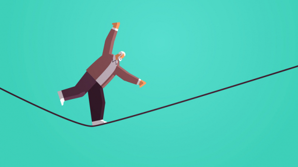 Illutration of older man in brown and gray top and black pants wobbling on a tightrope against turquoise background; concept is balancing risks